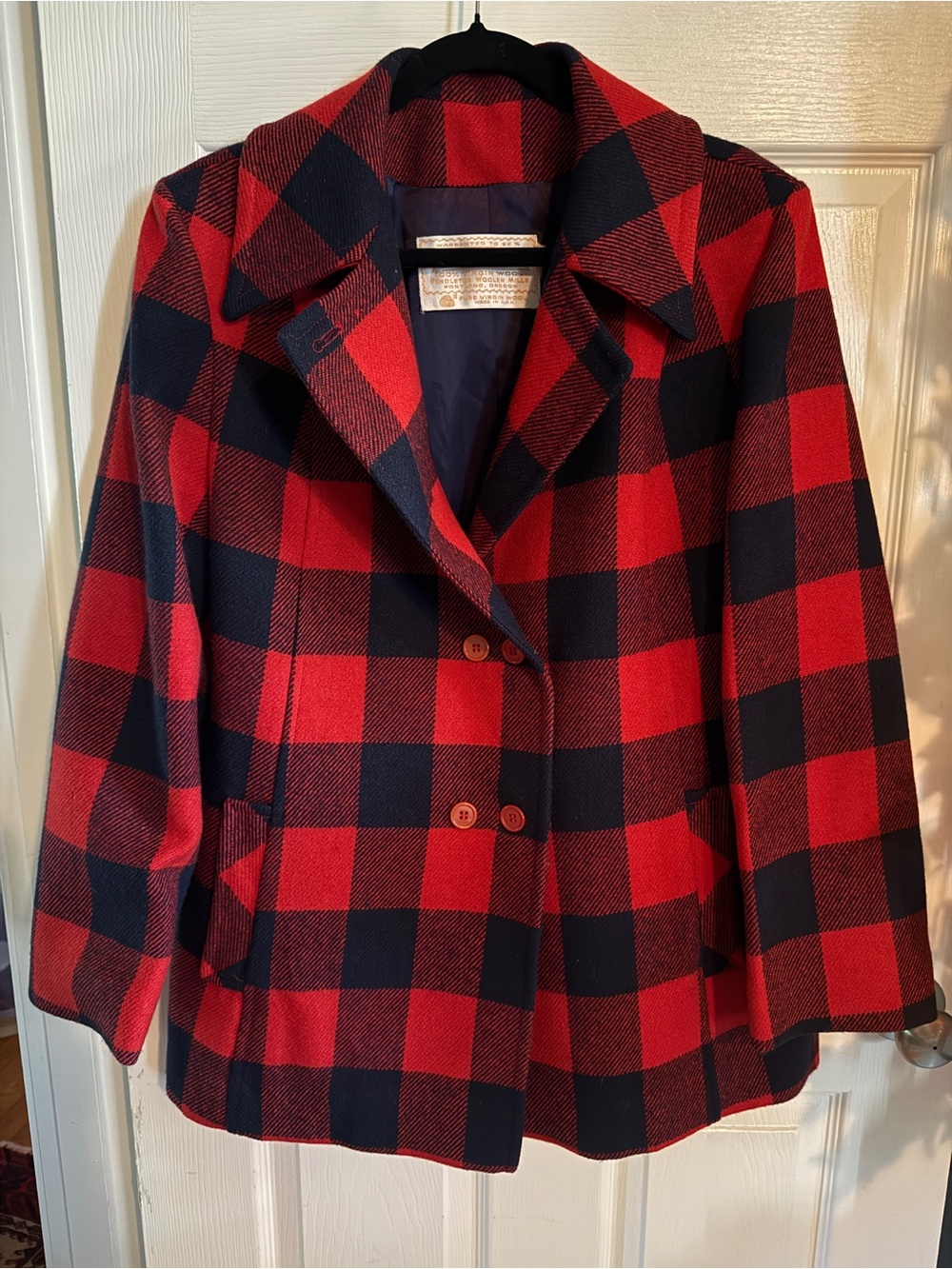 VTG Pendleton Red and Black Buffalo Check Plaid Wool Peacoat